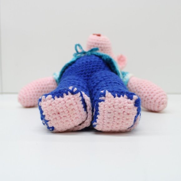 Crochet Knit Stuffed Pink Pig 14 Inch Tall Toy Doll Handmade Vintage - Picture 7 of 9